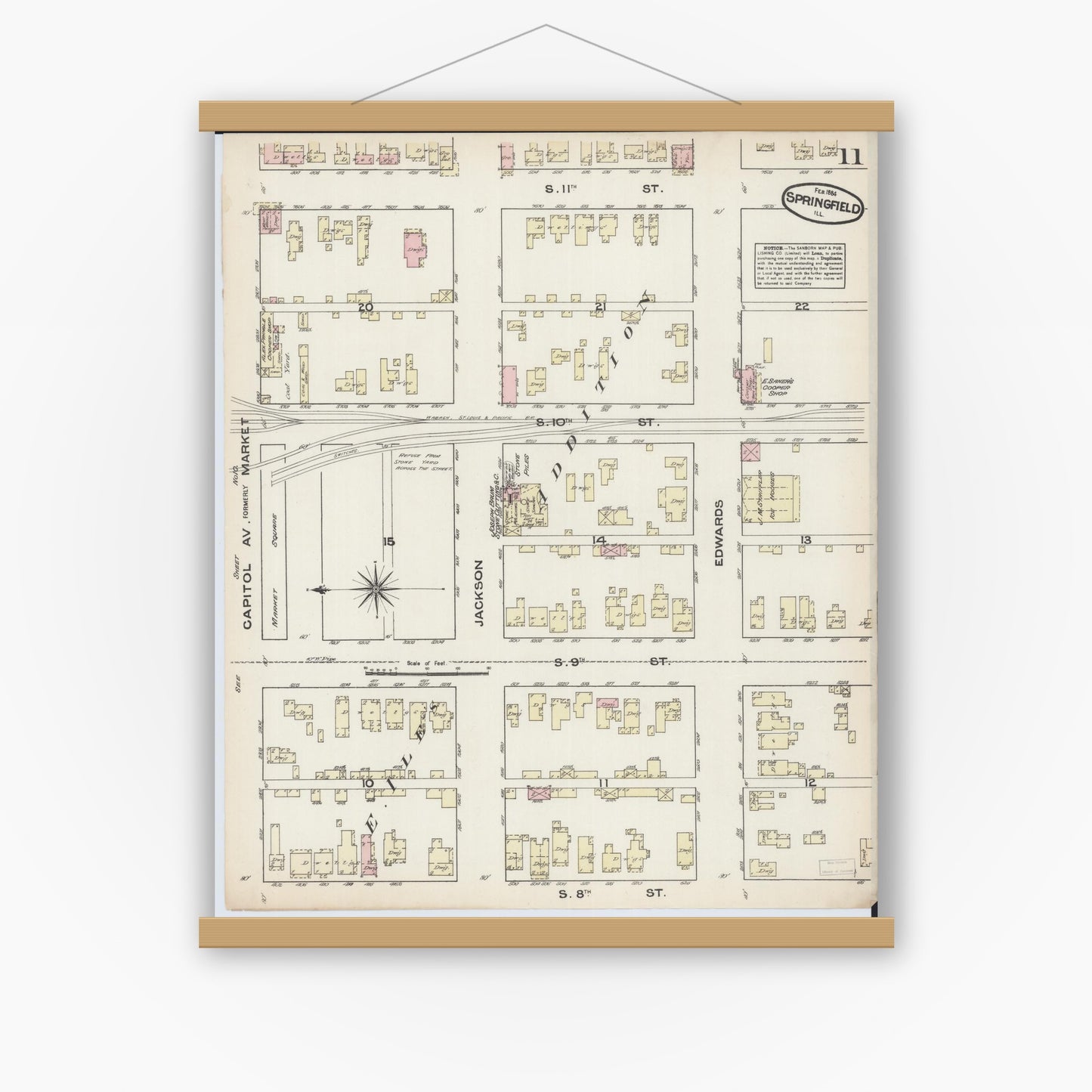 Old map wall art mockup — magnetic wood frame on white wall — Sanborn Fire Insurance Map from Springfield, Sangamon County, Illinois (1884), Sheet #0011