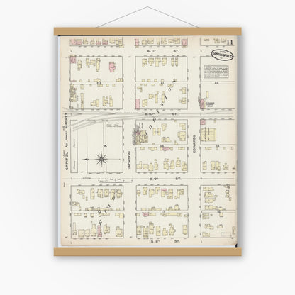 Old map wall art mockup — magnetic wood frame on white wall — Sanborn Fire Insurance Map from Springfield, Sangamon County, Illinois (1884), Sheet #0011