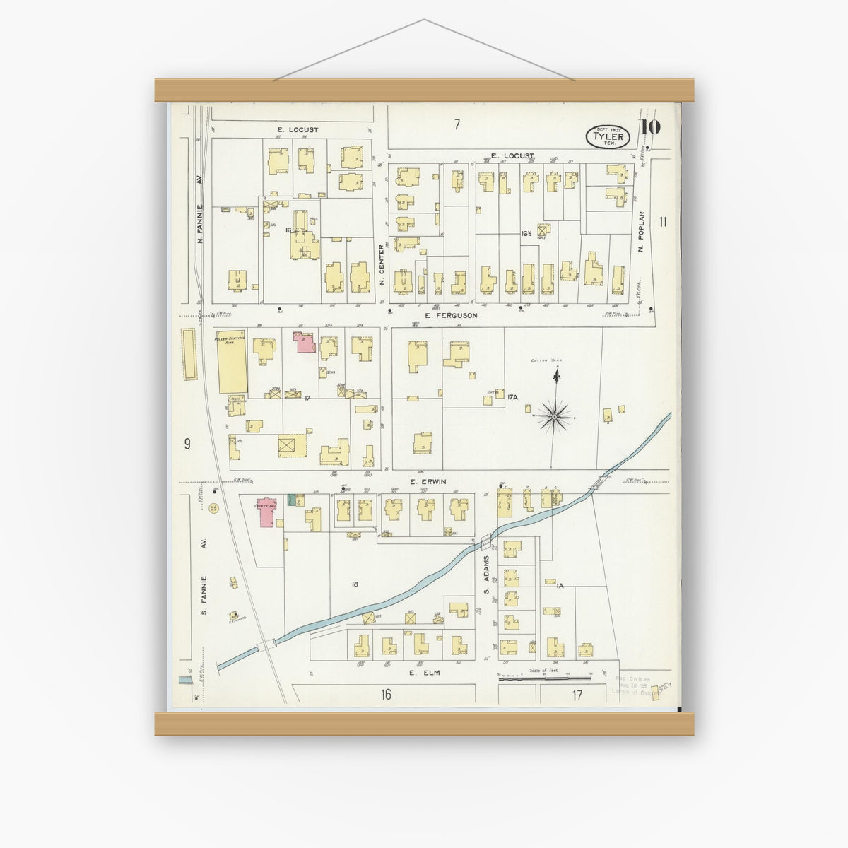 Old map wall art mockup — magnetic wood frame on white wall — Sanborn Fire Insurance Map from Tyler, Smith County, Texas (1907), Sheet #0010