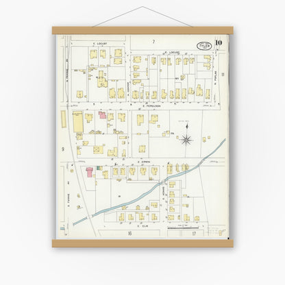 Old map wall art mockup — magnetic wood frame on white wall — Sanborn Fire Insurance Map from Tyler, Smith County, Texas (1907), Sheet #0010