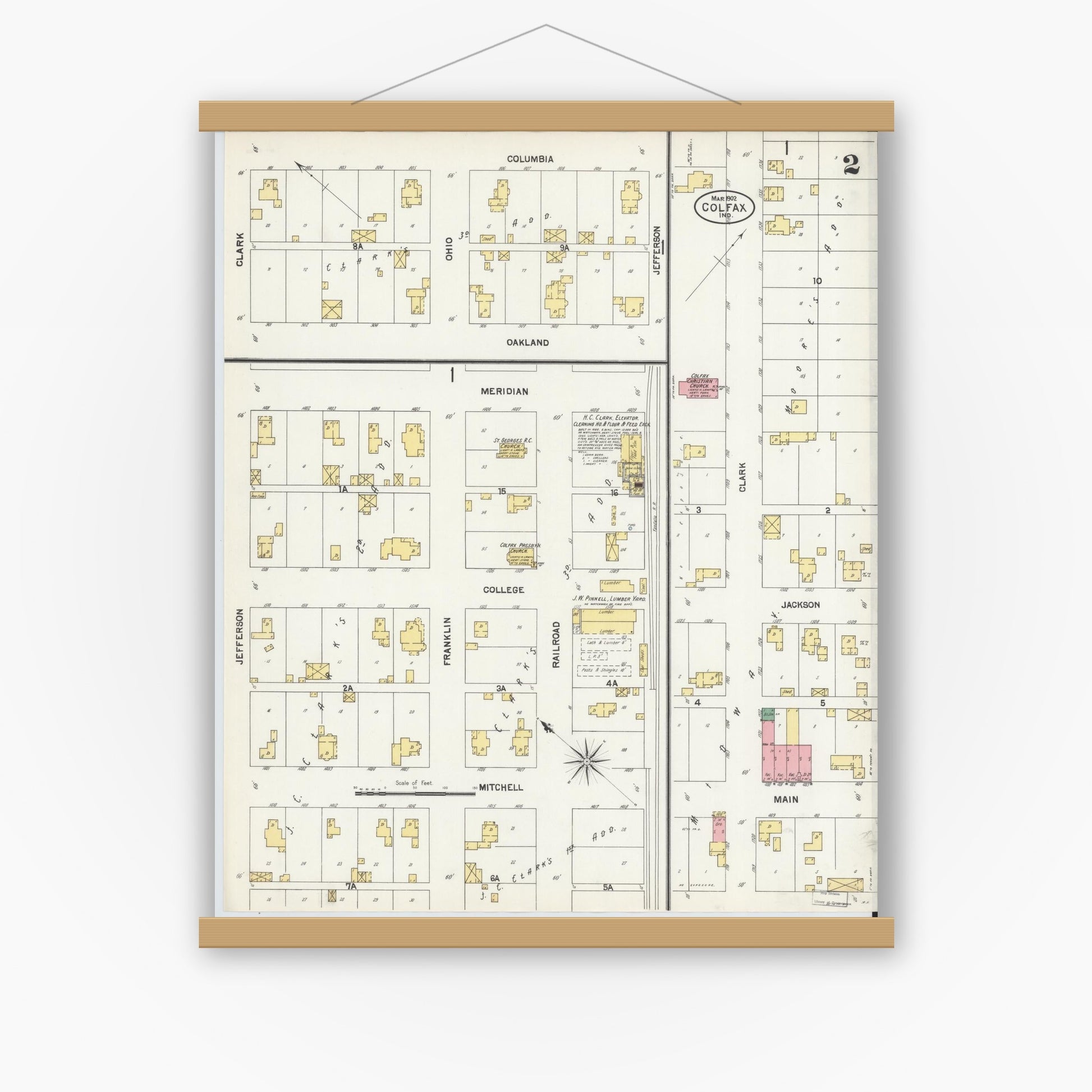 Old map wall art mockup — magnetic wood frame on white wall — Sanborn Fire Insurance Map from Colfax, Clinton County, Indiana (1902), Sheet #0002