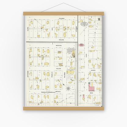 Old map wall art mockup — magnetic wood frame on white wall — Sanborn Fire Insurance Map from Colfax, Clinton County, Indiana (1902), Sheet #0002
