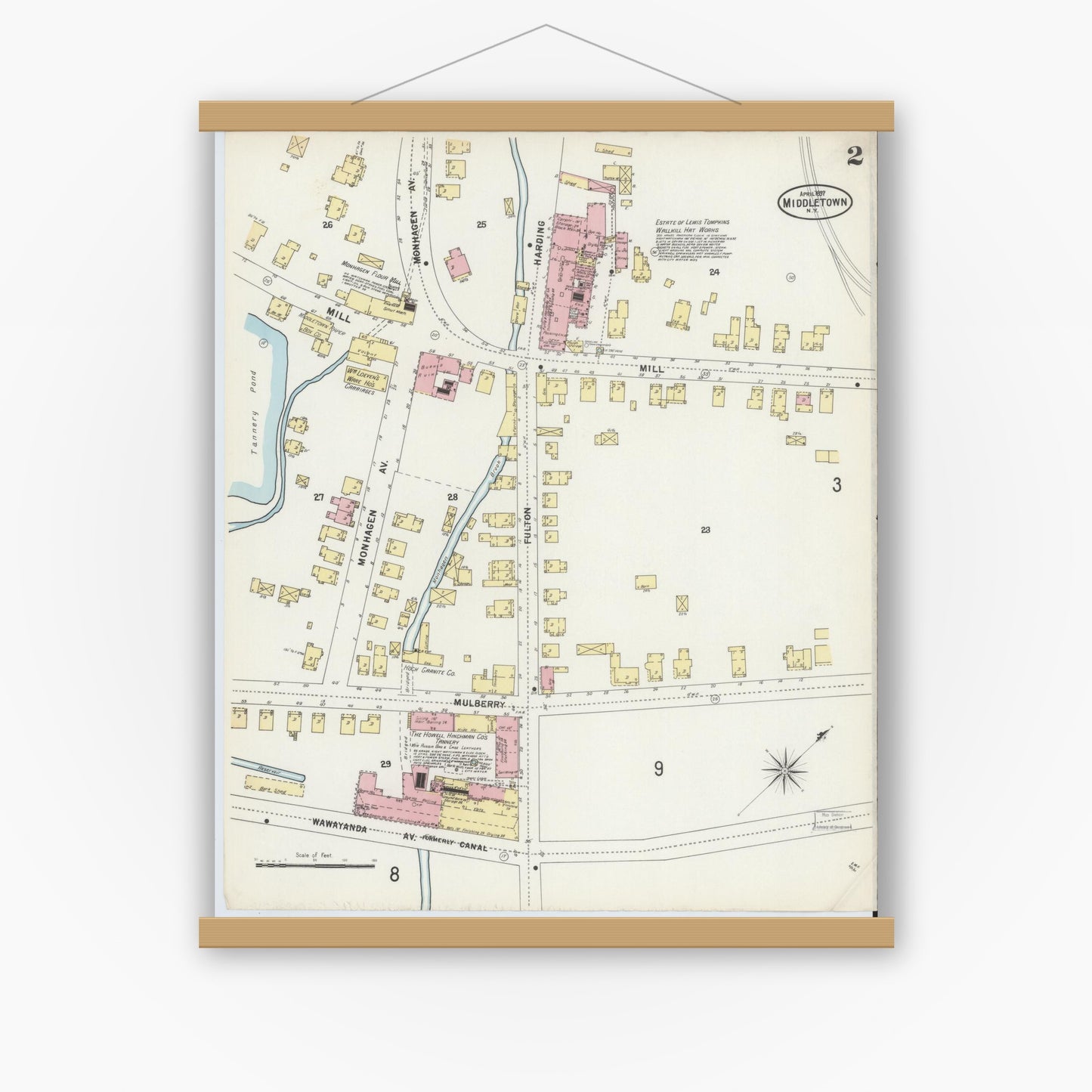 Old map wall art mockup — magnetic wood frame on white wall — Sanborn Fire Insurance Map from Middletown, Orange County, New York (1897) - Complete Map Set