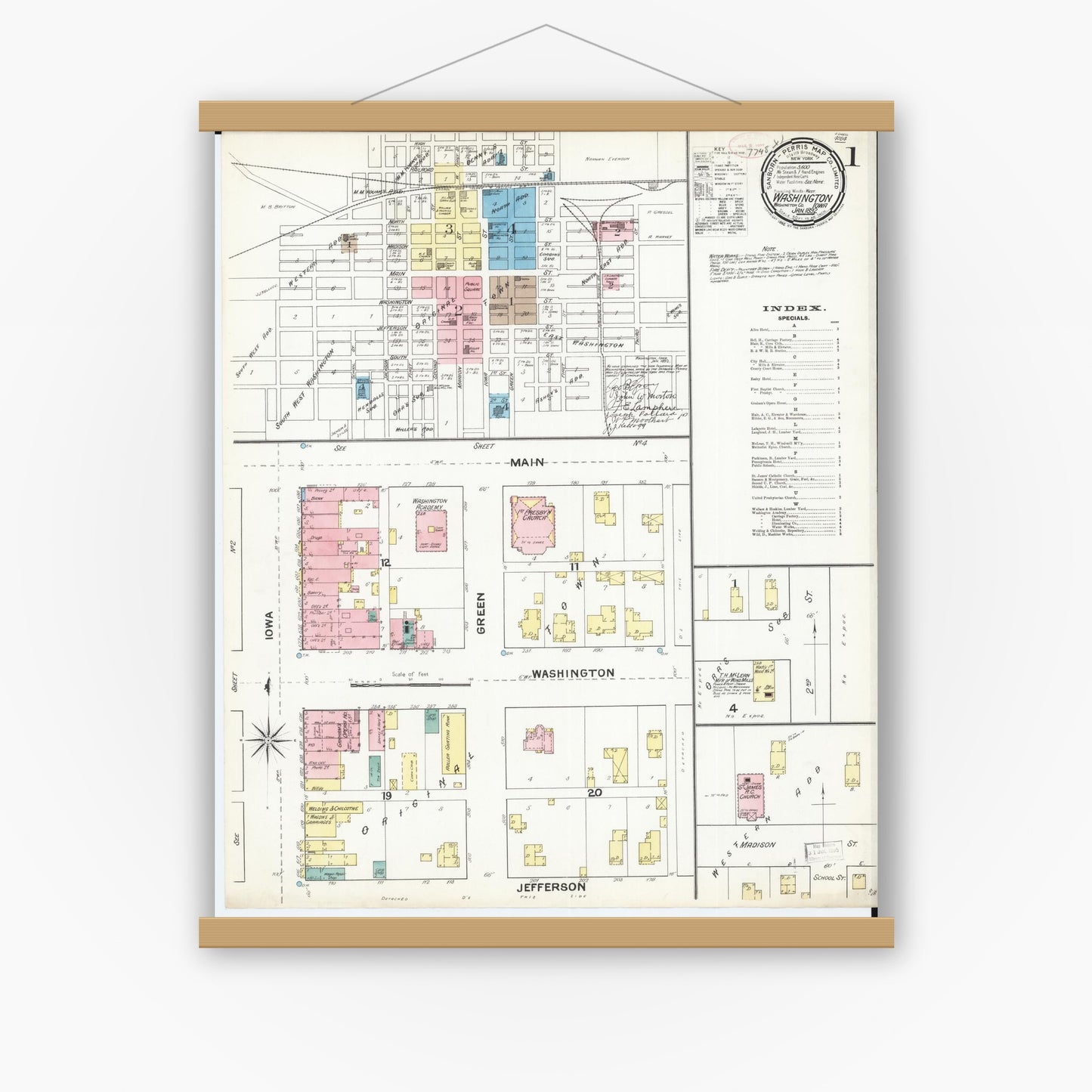 Old map wall art mockup — magnetic wood frame on white wall — Sanborn Fire Insurance Map from Washington, Washington County, Iowa (1892) â€” Complete Set