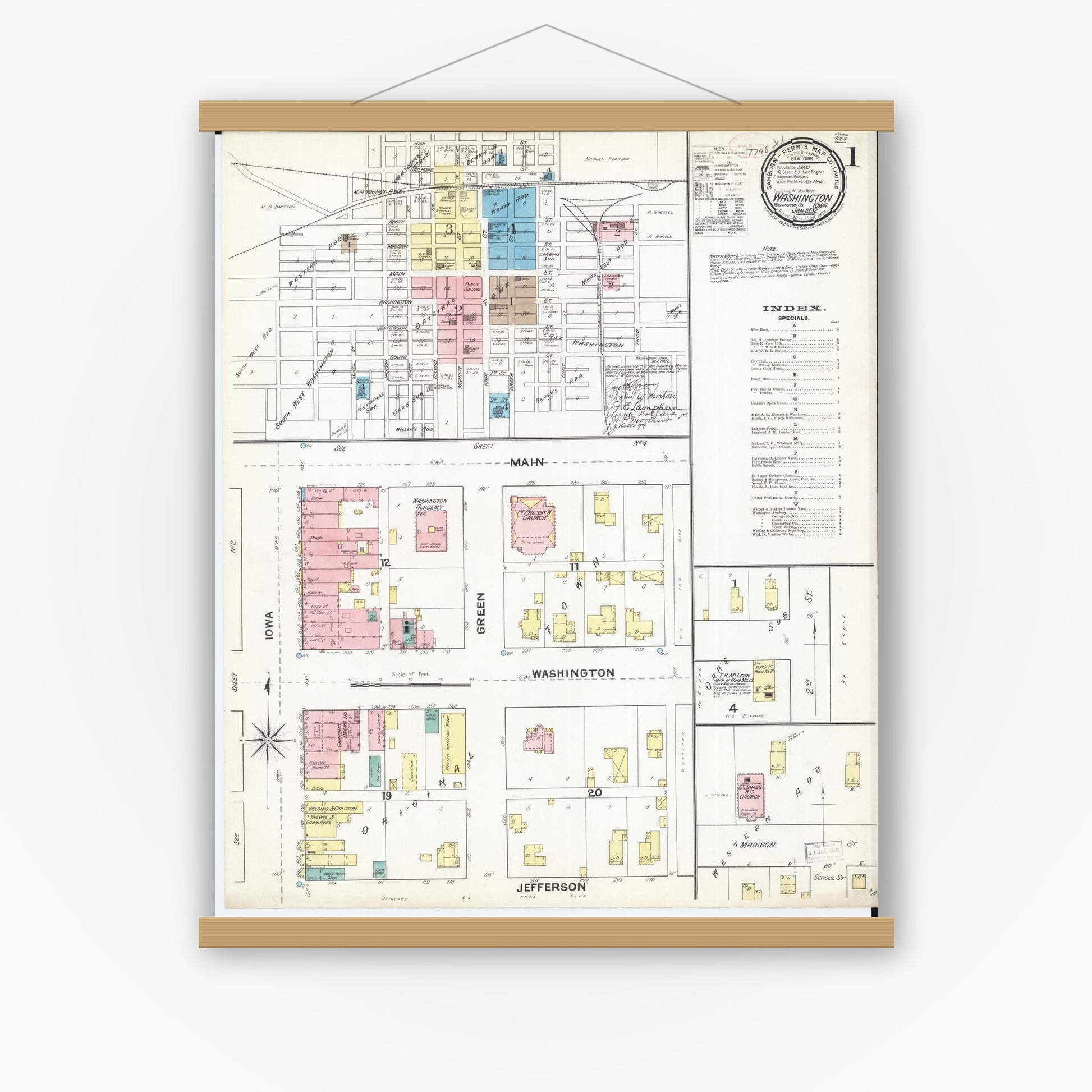 Old map wall art mockup — magnetic wood frame on white wall — Sanborn Fire Insurance Map from Washington, Washington County, Iowa (1892) â€” Complete Set