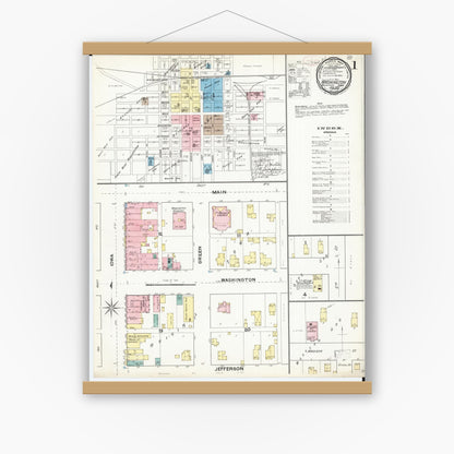 Old map wall art mockup — magnetic wood frame on white wall — Sanborn Fire Insurance Map from Washington, Washington County, Iowa (1892) â€” Complete Set