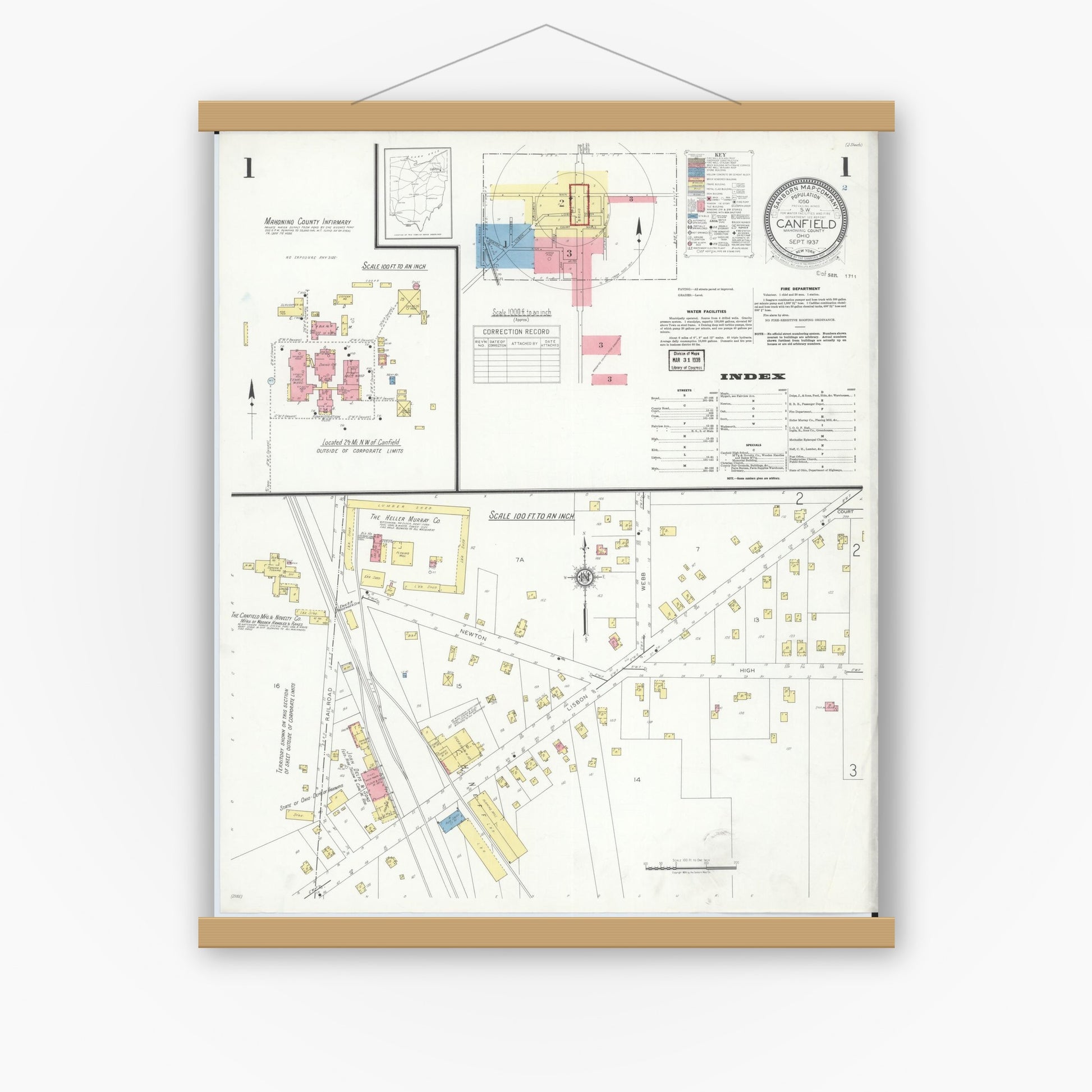 Old map wall art mockup — magnetic wood frame on white wall — Sanborn Fire Insurance Map from Canfield, Mahoning County, Ohio (1937), Sheet #0001