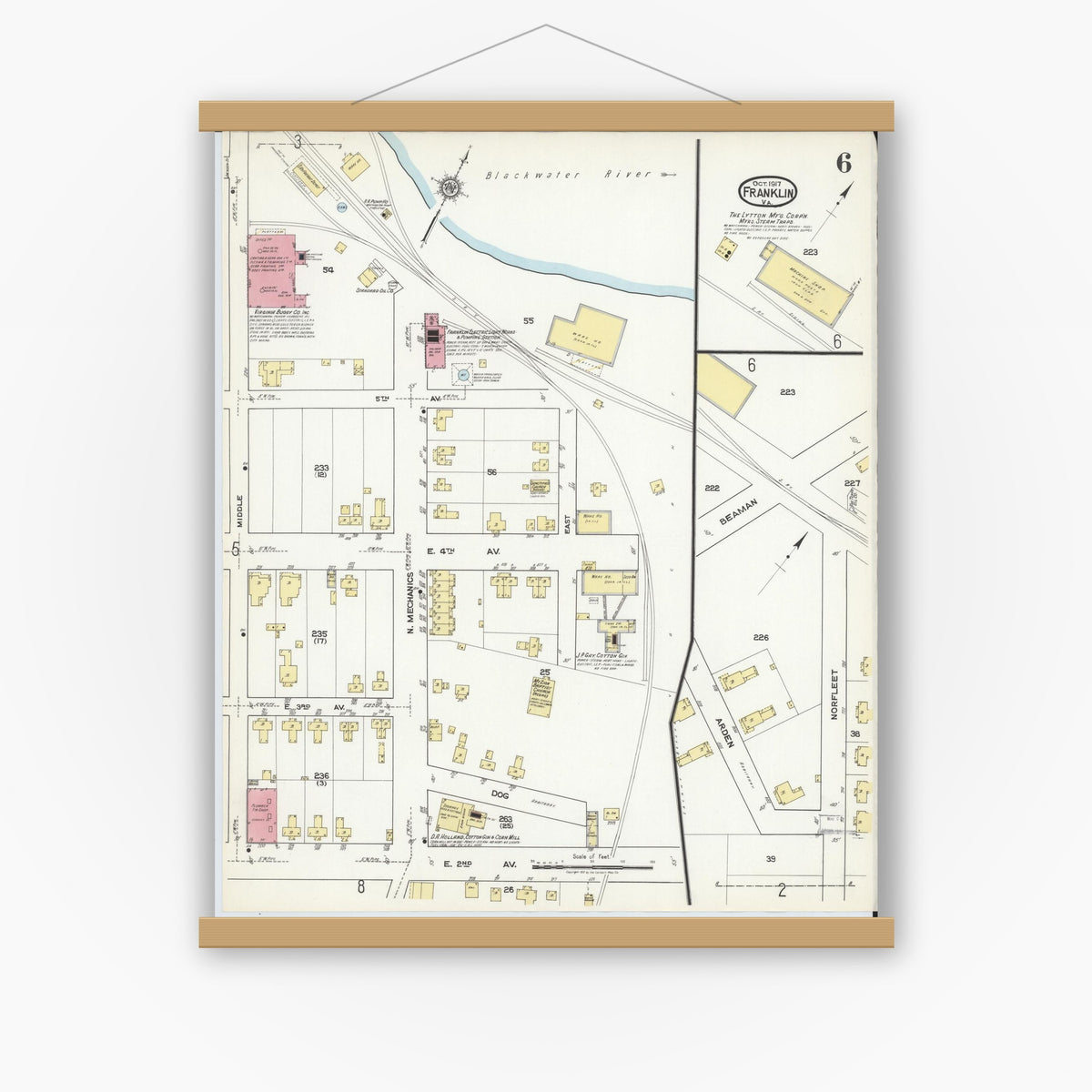 Old map wall art mockup — magnetic wood frame on white wall — Sanborn Fire Insurance Map from Franklin, Independent Cities, Virginia (1917), Sheet #0006