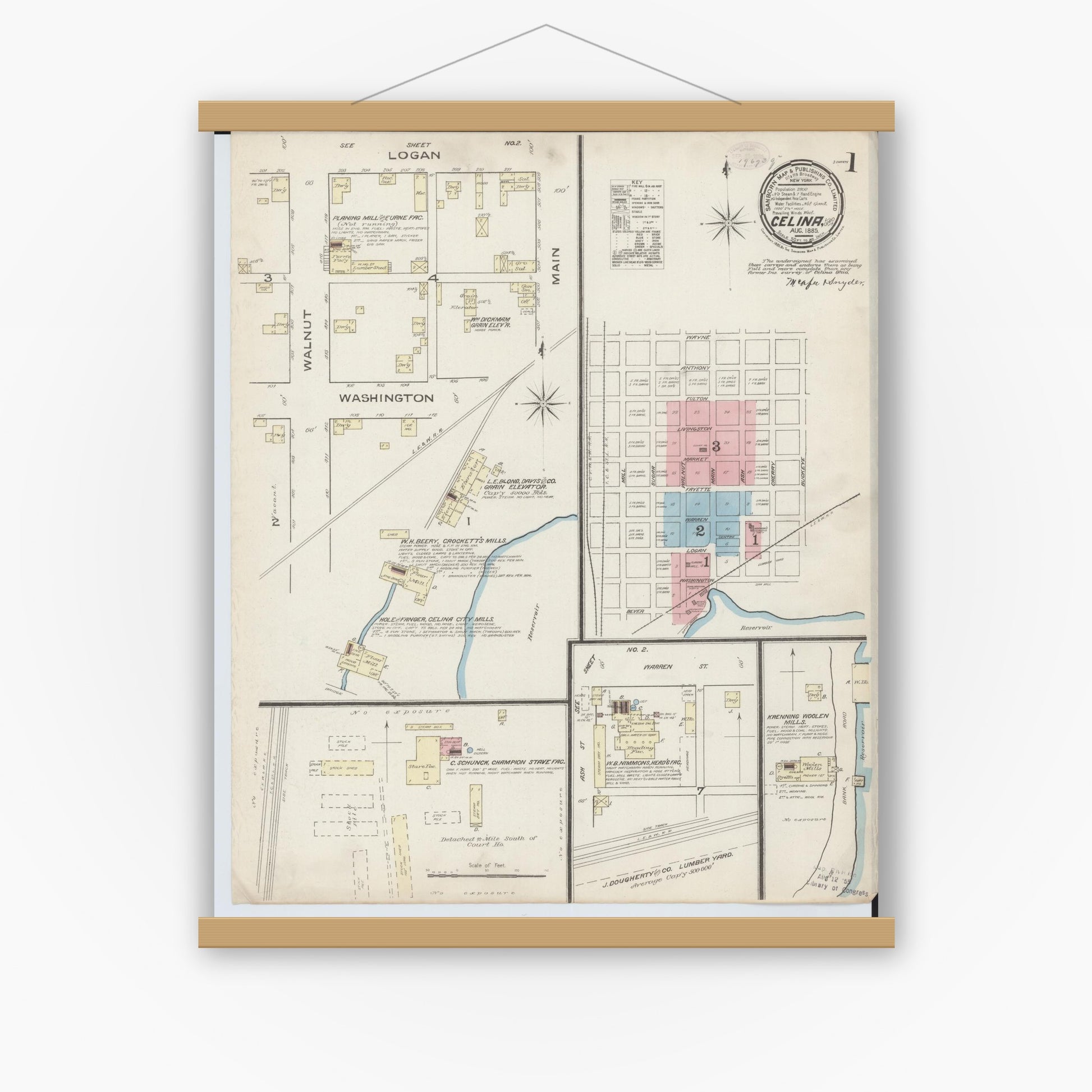 Old map wall art mockup — magnetic wood frame on white wall — Sanborn Fire Insurance Map from Celina, Mercer County, Ohio (1885), Sheet #0001