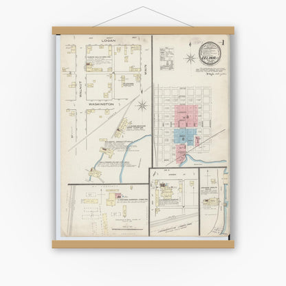 Old map wall art mockup — magnetic wood frame on white wall — Sanborn Fire Insurance Map from Celina, Mercer County, Ohio (1885), Sheet #0001