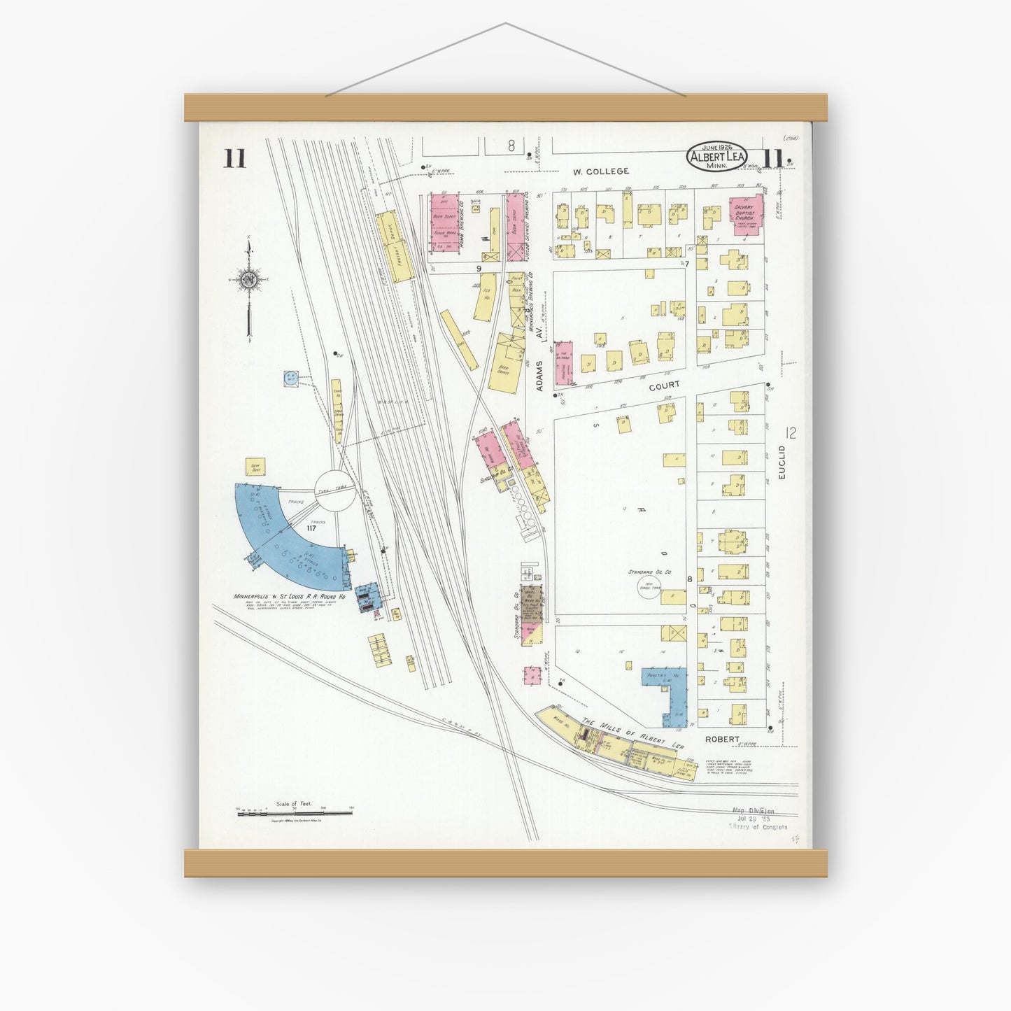 Old map wall art mockup — magnetic wood frame on white wall — Sanborn Fire Insurance Map from Albert Lea, Freeborn County, Minnesota (1926), Sheet #0011