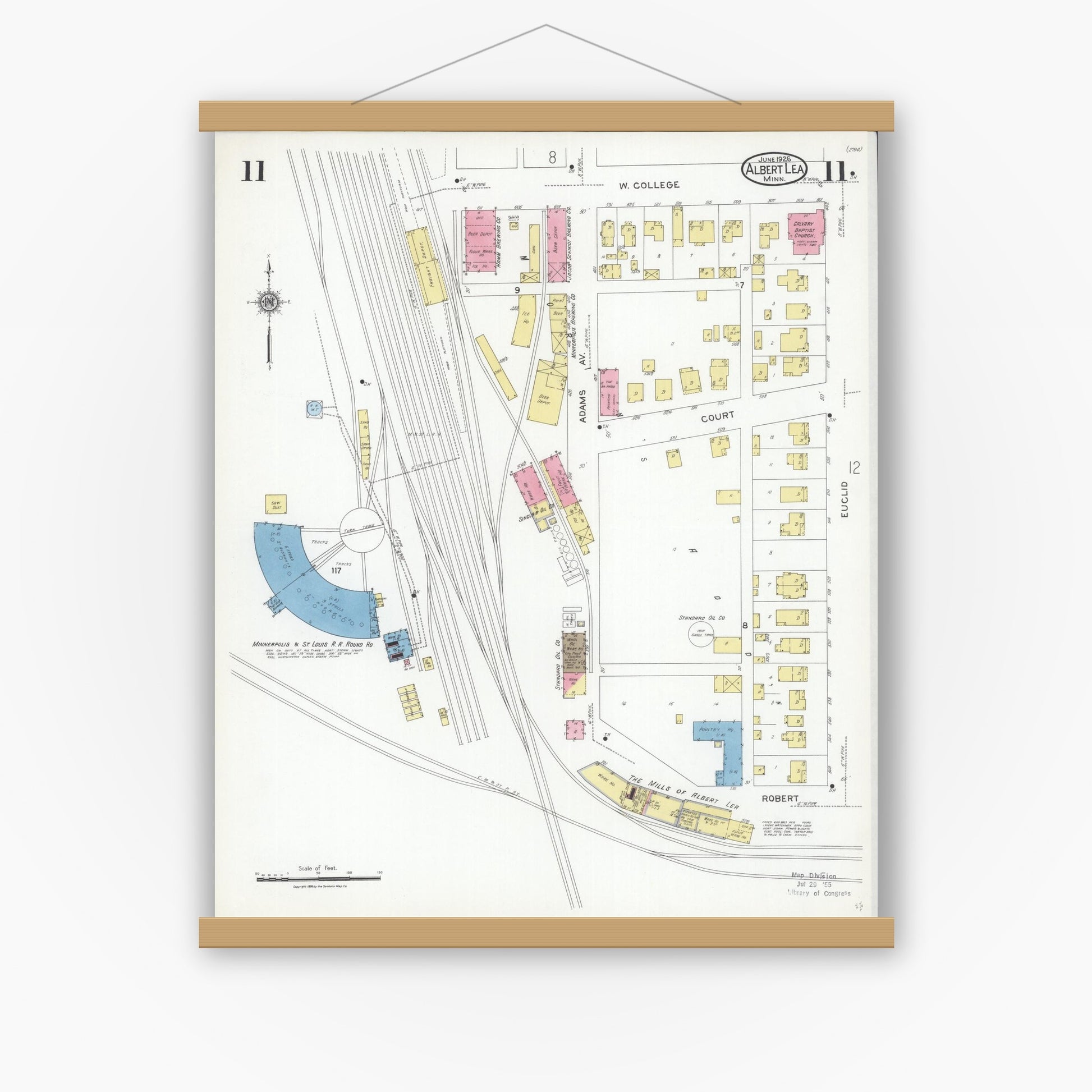 Old map wall art mockup — magnetic wood frame on white wall — Sanborn Fire Insurance Map from Albert Lea, Freeborn County, Minnesota (1926), Sheet #0011