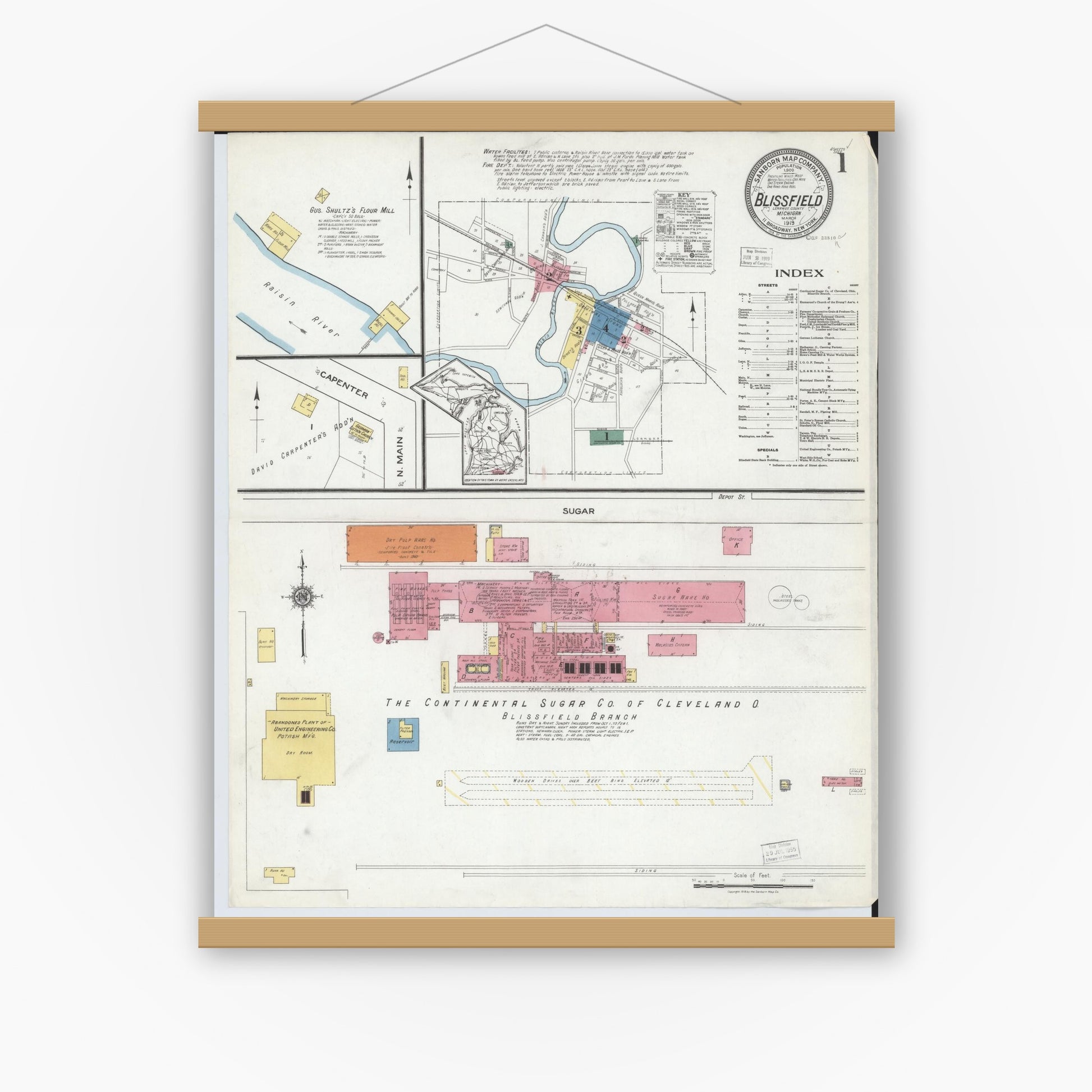 Old map wall art mockup — magnetic wood frame on white wall — Sanborn Fire Insurance Map from Blissfield, Lenawee County, Michigan (1919) - Complete Map Set