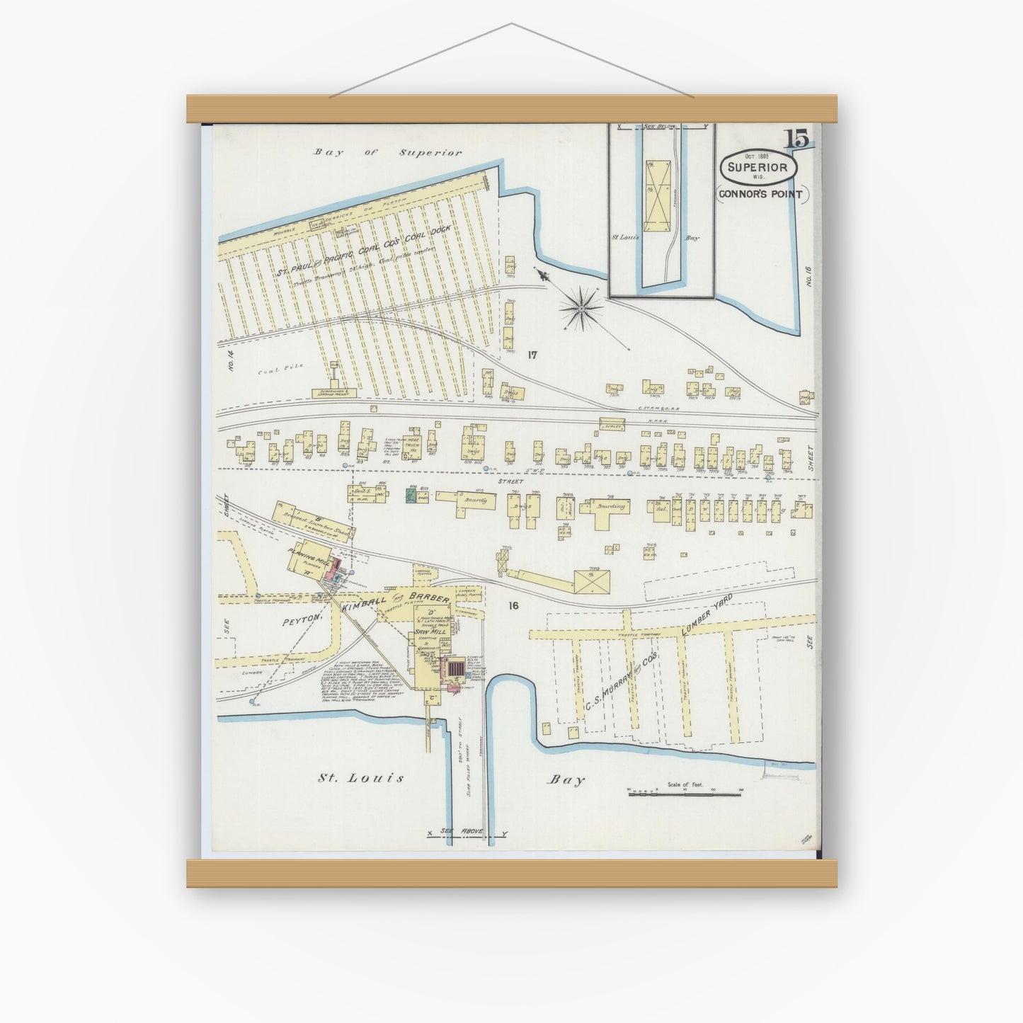 Old map wall art mockup — magnetic wood frame on white wall — Sanborn Fire Insurance Map from Superior, Douglas County, Wisconsin (1889), Sheet #0015