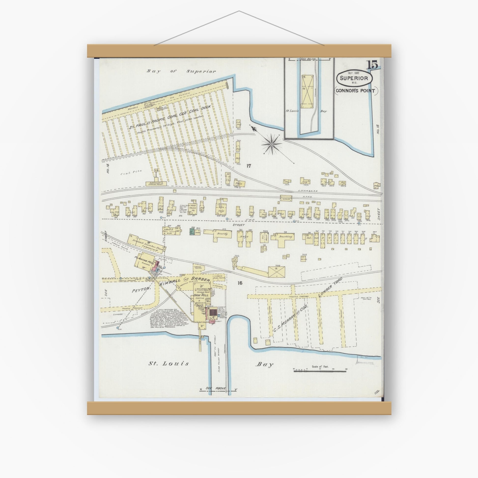 Old map wall art mockup — magnetic wood frame on white wall — Sanborn Fire Insurance Map from Superior, Douglas County, Wisconsin (1889), Sheet #0015