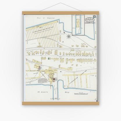 Old map wall art mockup — magnetic wood frame on white wall — Sanborn Fire Insurance Map from Superior, Douglas County, Wisconsin (1889), Sheet #0015
