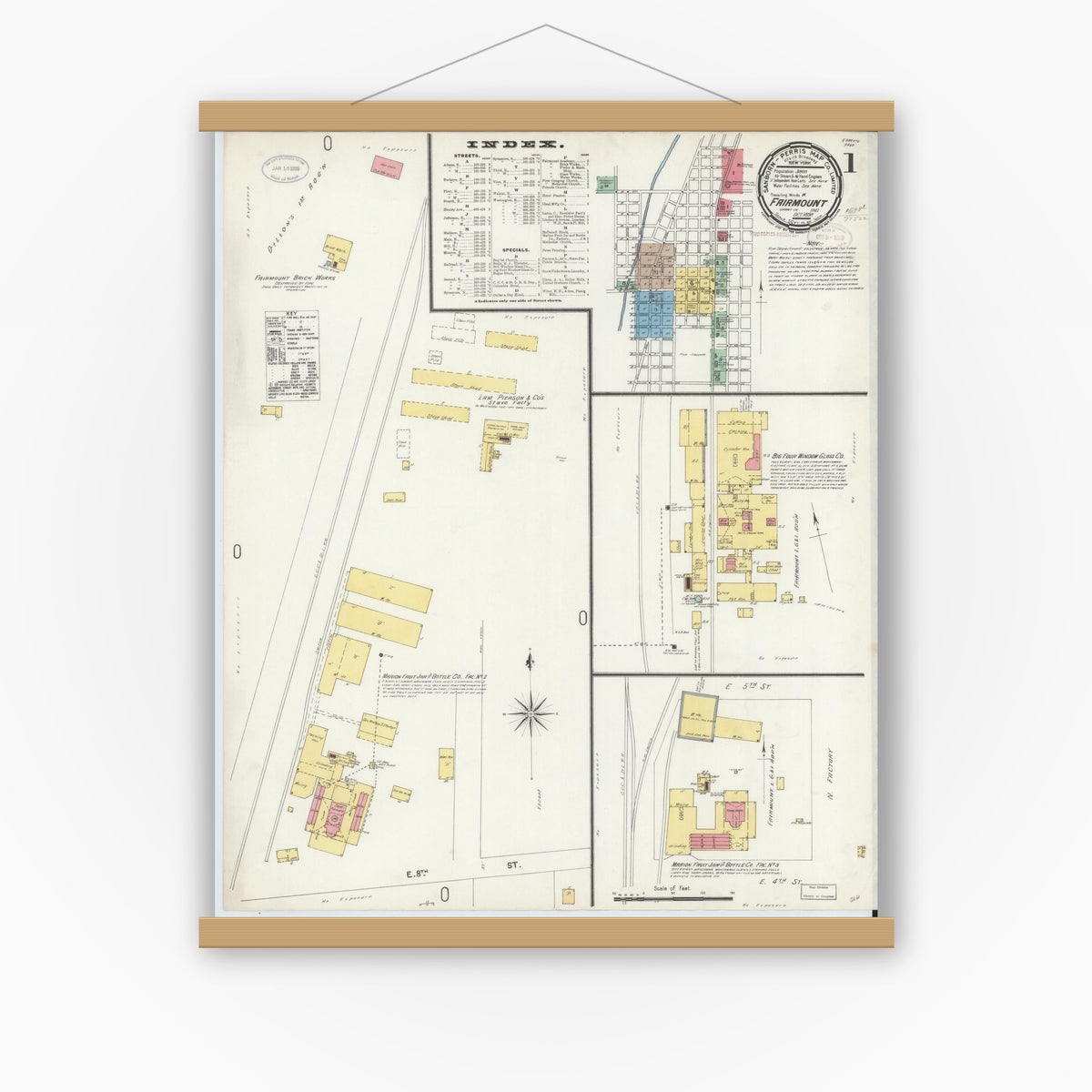 Old map wall art mockup — magnetic wood frame on white wall — Sanborn Fire Insurance Map from Fairmount, Grant County, Indiana (1898), Sheet #0001