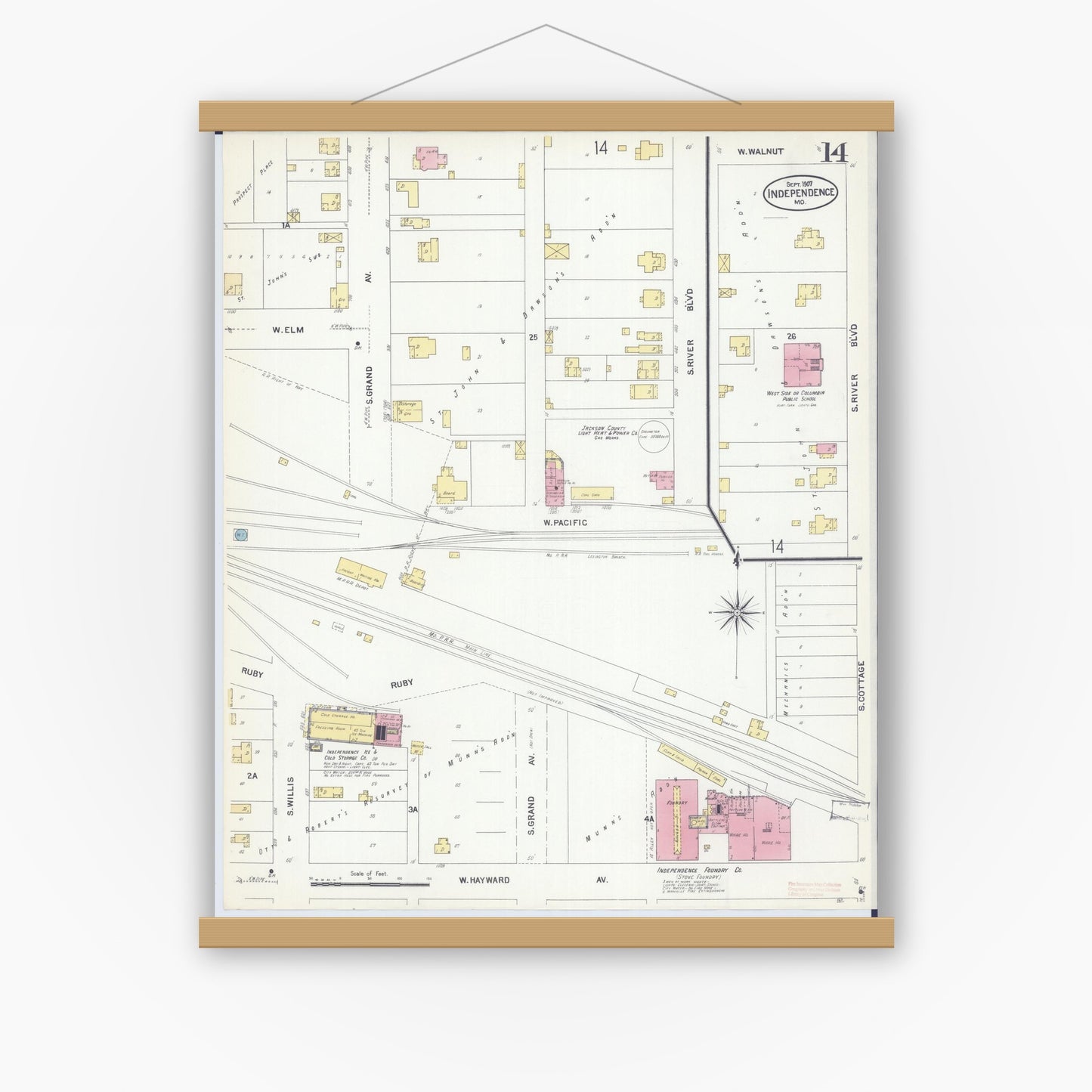 Old map wall art mockup — magnetic wood frame on white wall — Sanborn Fire Insurance Map from Independence, Jackson County, Missouri (1907), Sheet #0014