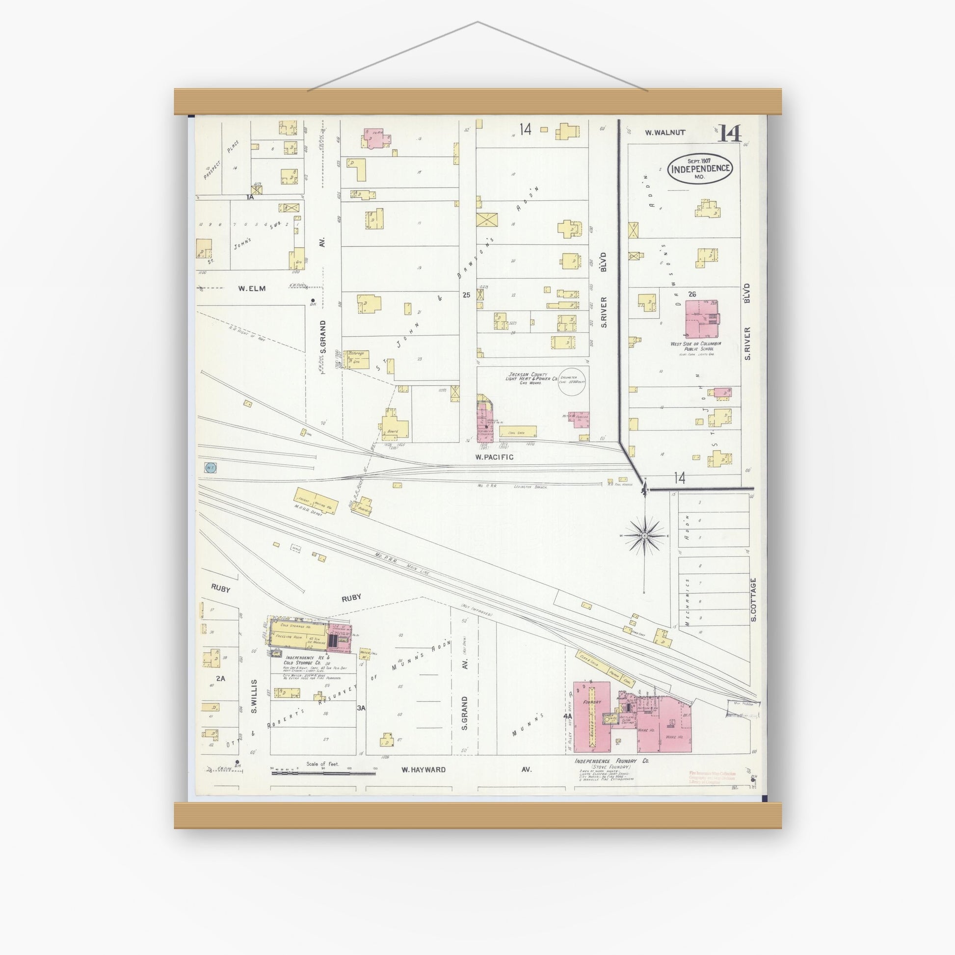 Old map wall art mockup — magnetic wood frame on white wall — Sanborn Fire Insurance Map from Independence, Jackson County, Missouri (1907), Sheet #0014