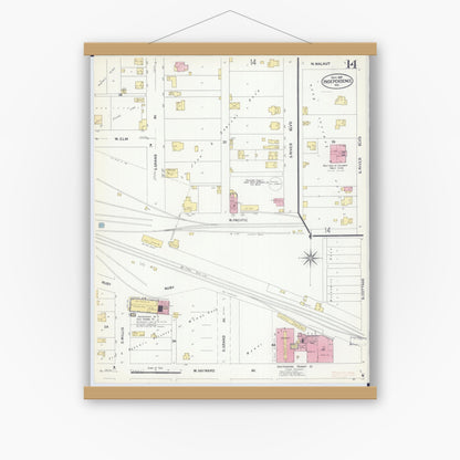 Old map wall art mockup — magnetic wood frame on white wall — Sanborn Fire Insurance Map from Independence, Jackson County, Missouri (1907), Sheet #0014