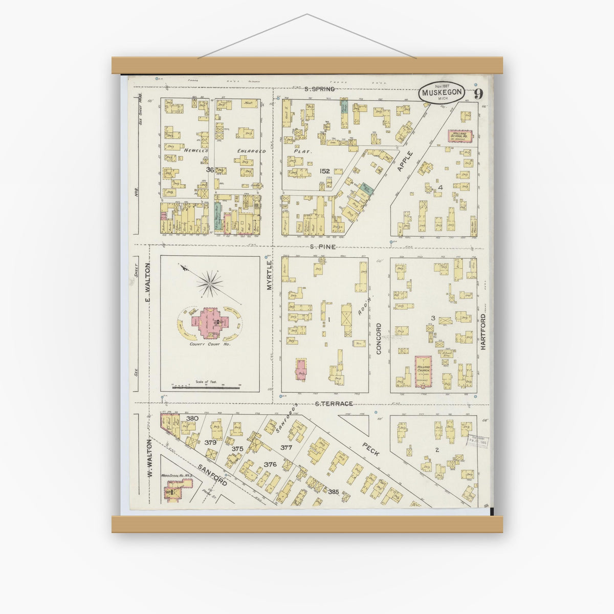 Old map wall art mockup — magnetic wood frame on white wall — Sanborn Fire Insurance Map from Muskegon, Muskegon County, Michigan (1887), Sheet #0009