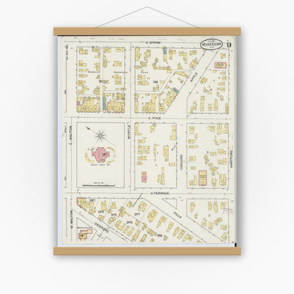 Old map wall art mockup — magnetic wood frame on white wall — Sanborn Fire Insurance Map from Muskegon, Muskegon County, Michigan (1887), Sheet #0009