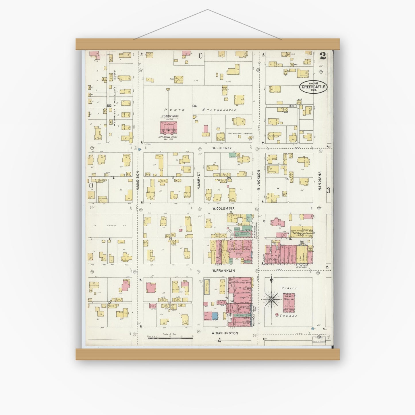 Old map wall art mockup — magnetic wood frame on white wall — Sanborn Fire Insurance Map from Greencastle, Putnam County, Indiana (1898), Sheet #0002