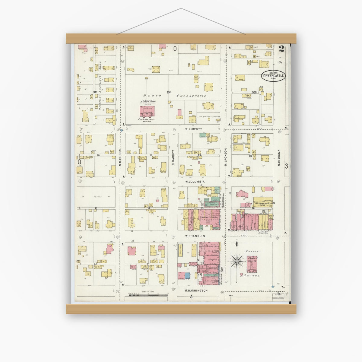 Old map wall art mockup — magnetic wood frame on white wall — Sanborn Fire Insurance Map from Greencastle, Putnam County, Indiana (1898), Sheet #0002
