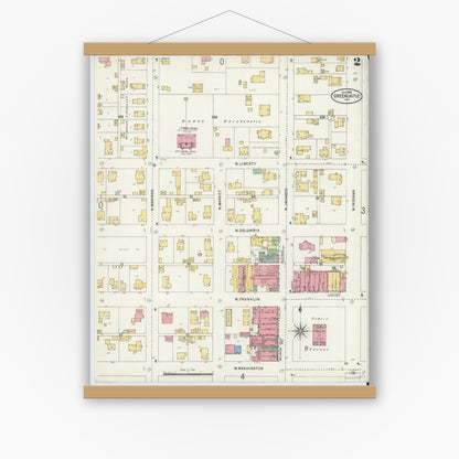 Old map wall art mockup — magnetic wood frame on white wall — Sanborn Fire Insurance Map from Greencastle, Putnam County, Indiana (1898), Sheet #0002