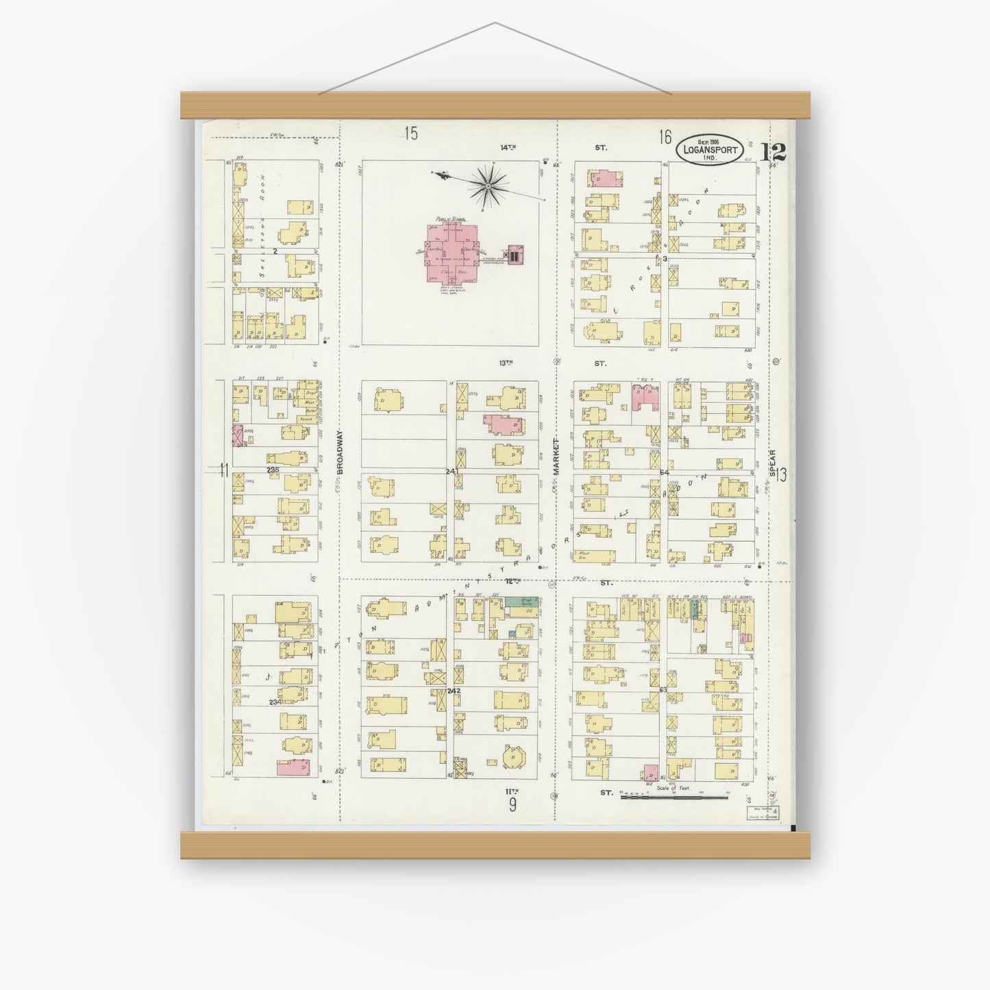Old map wall art mockup — magnetic wood frame on white wall — Sanborn Fire Insurance Map from Logansport, Cass County, Indiana (1906), Sheet #0012