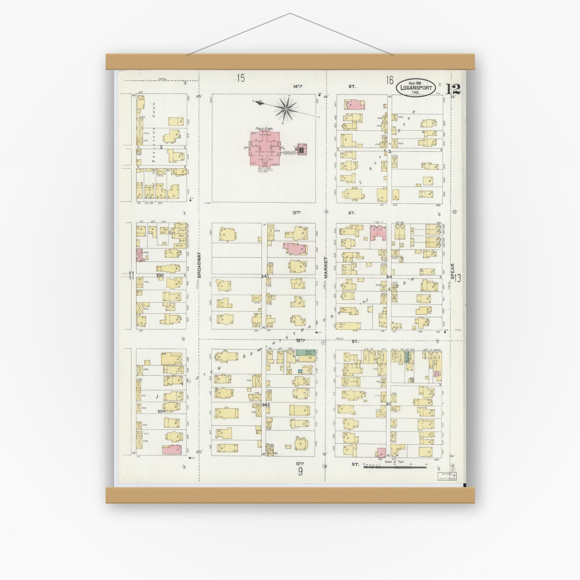 Old map wall art mockup — magnetic wood frame on white wall — Sanborn Fire Insurance Map from Logansport, Cass County, Indiana (1906), Sheet #0012