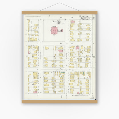 Old map wall art mockup — magnetic wood frame on white wall — Sanborn Fire Insurance Map from Logansport, Cass County, Indiana (1906), Sheet #0012