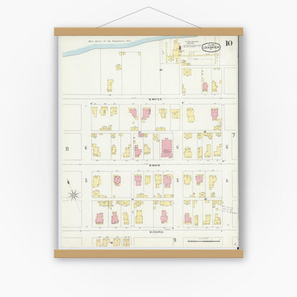 Old map wall art mockup — magnetic wood frame on white wall — Sanborn Fire Insurance Map from Lock Haven, Clinton County, Pennsylvania (1896), Sheet #0010