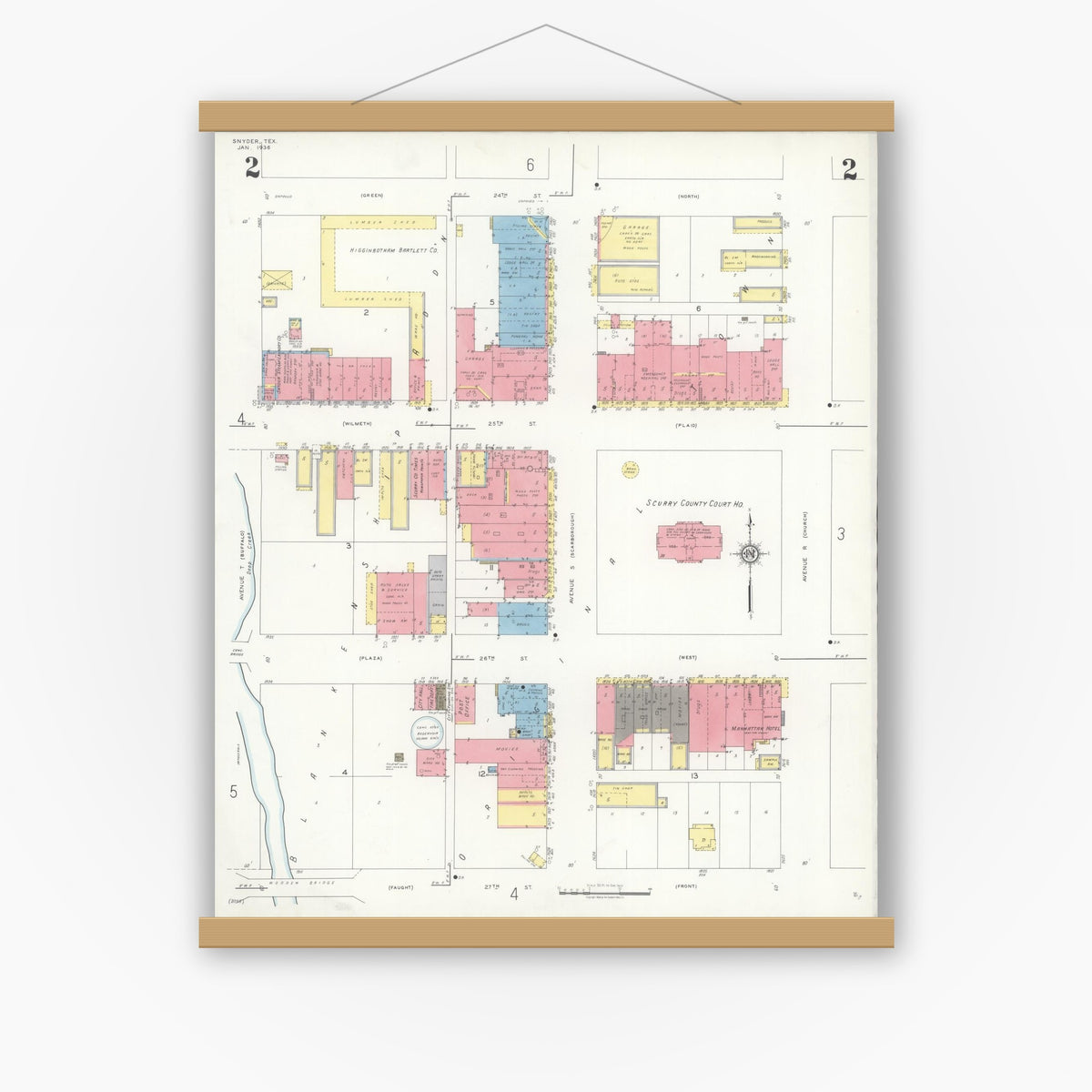 Old map wall art mockup — magnetic wood frame on white wall — Sanborn Fire Insurance Map from Snyder, Scurry County, Texas (1936), Sheet #0002