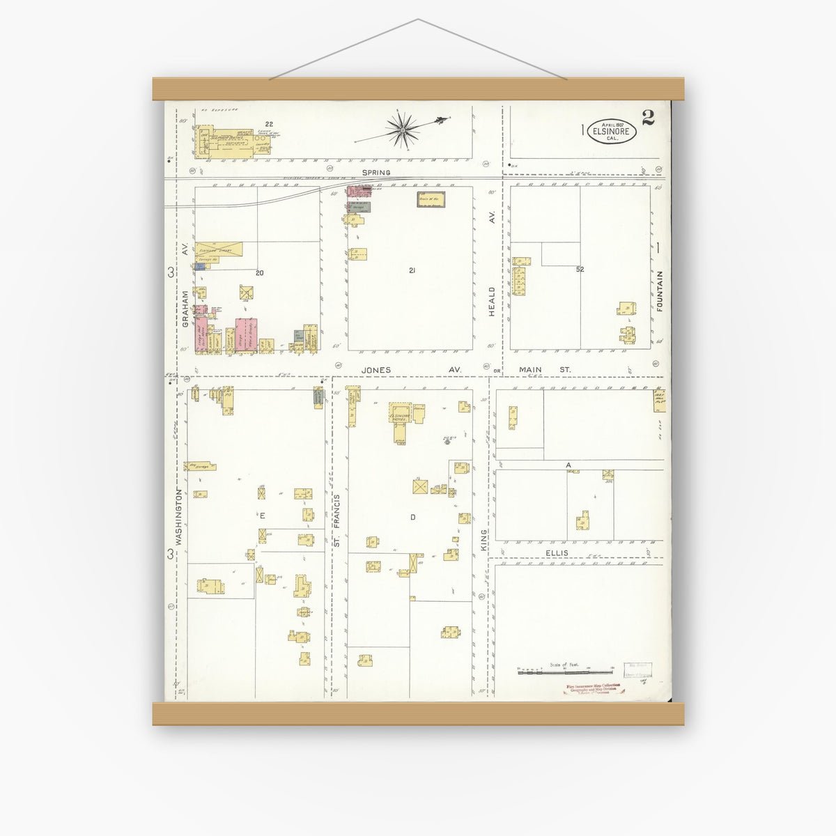 Old map wall art mockup — magnetic wood frame on white wall — Sanborn Fire Insurance Map from Elsinore, Riverside County, California (1907), Sheet #0002