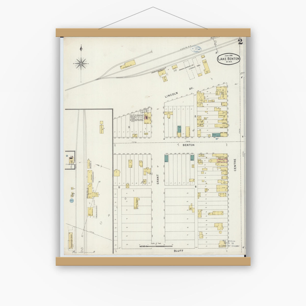 Old map wall art mockup — magnetic wood frame on white wall — Sanborn Fire Insurance Map from Lake Benton, Lincoln County, Minnesota (1894), Sheet #0002