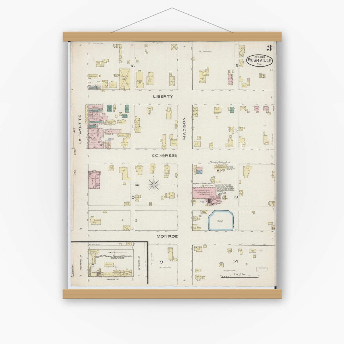 Old map wall art mockup — magnetic wood frame on white wall — Sanborn Fire Insurance Map from Rushville, Schuyler County, Illinois (1886), Sheet #0003