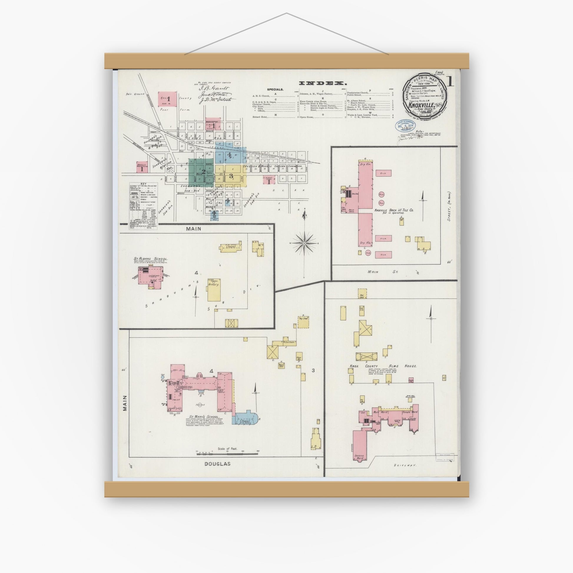 Old map wall art mockup — magnetic wood frame on white wall — Sanborn Fire Insurance Map from Knoxville, Knox County, Illinois (1894) - Complete Map Set