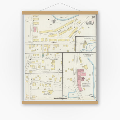 Old map wall art mockup — magnetic wood frame on white wall — Sanborn Fire Insurance Map from Amesbury, Essex County, Massachusetts (1894), Sheet #0012