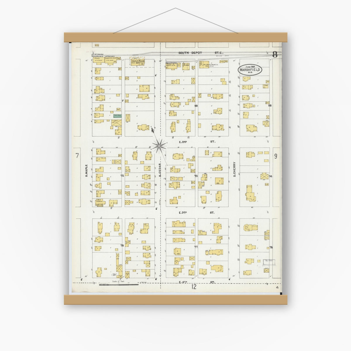 Old map wall art mockup — magnetic wood frame on white wall — Sanborn Fire Insurance Map from Marshfield, Wood County, Wisconsin (1904), Sheet #0008