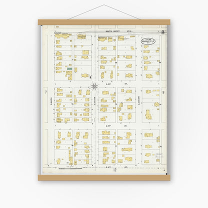 Old map wall art mockup — magnetic wood frame on white wall — Sanborn Fire Insurance Map from Marshfield, Wood County, Wisconsin (1904), Sheet #0008