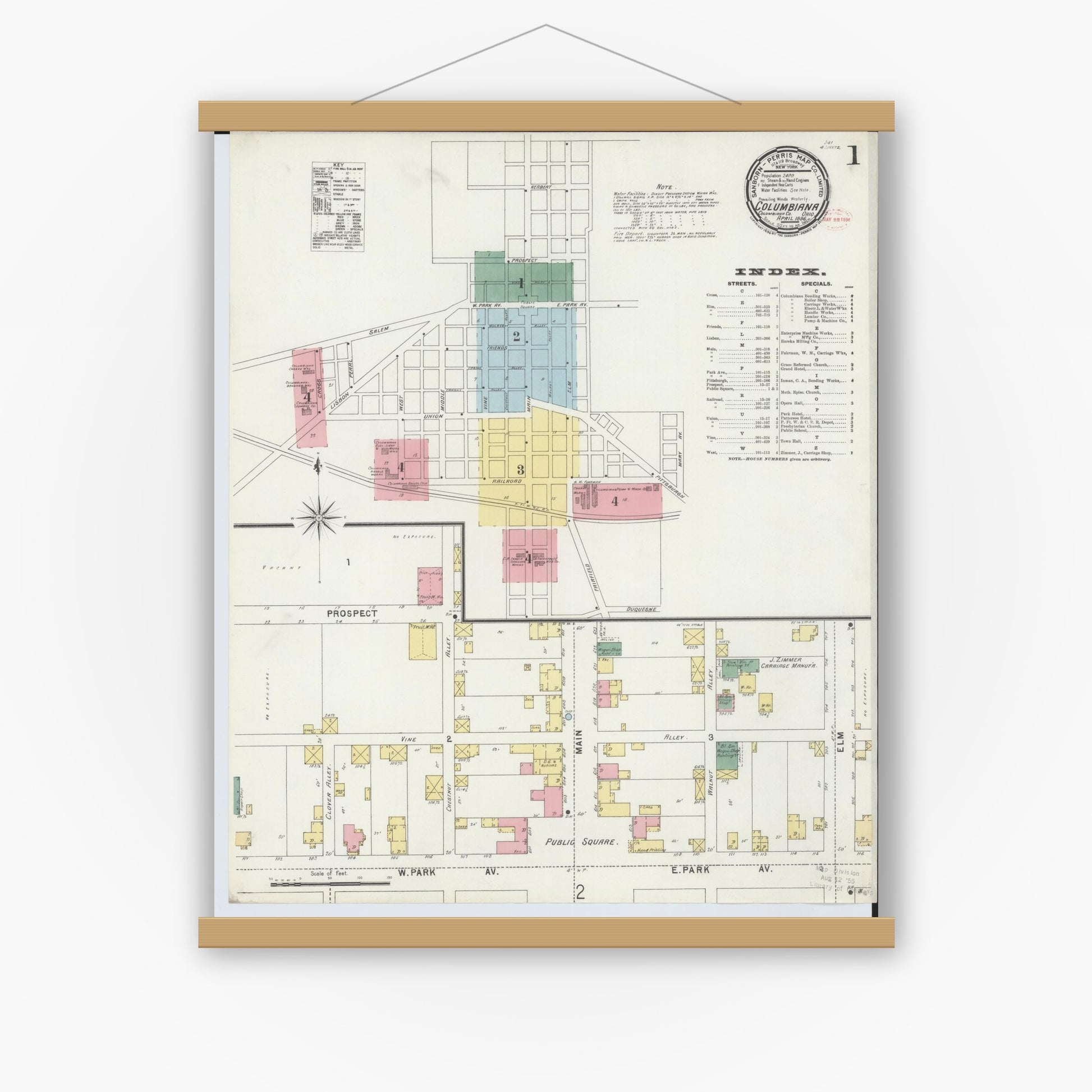 Old map wall art mockup — magnetic wood frame on white wall — Sanborn Fire Insurance Map from Columbiana, Columbiana County, Ohio (1896) - Complete Map Set