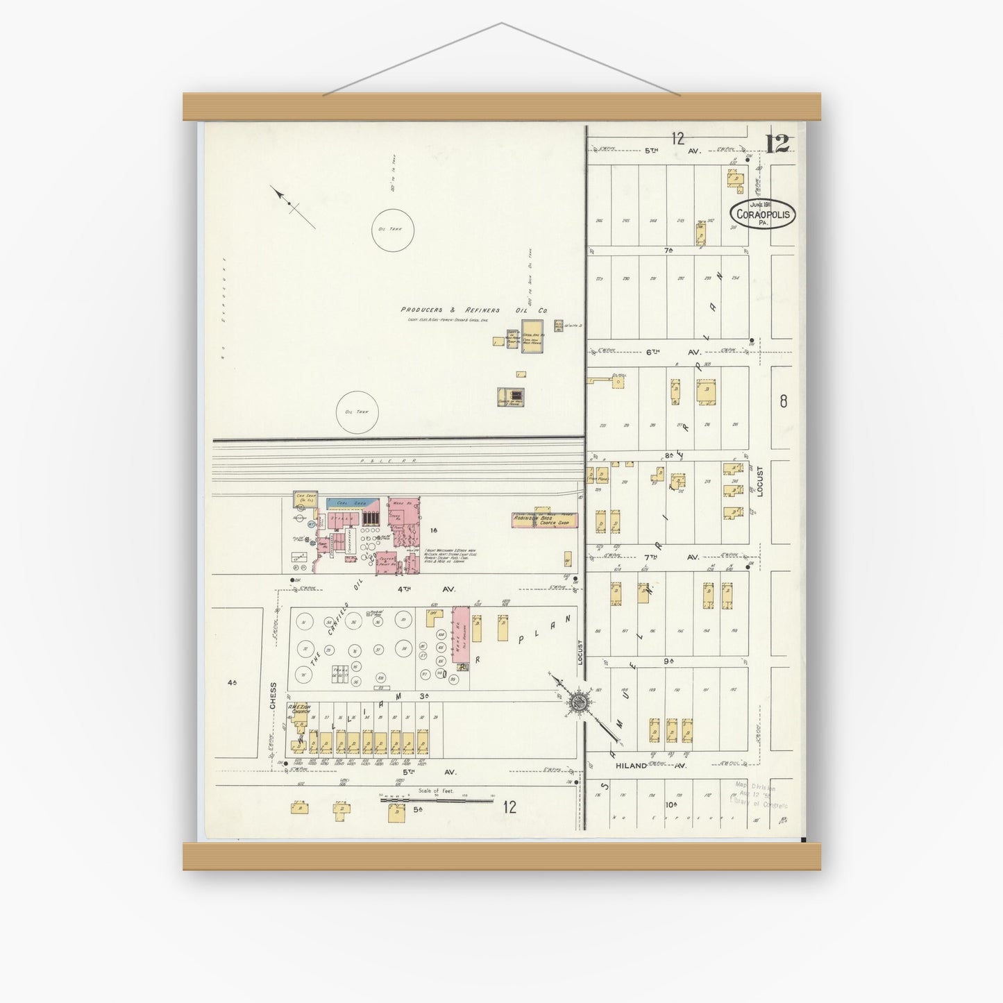 Old map wall art mockup — magnetic wood frame on white wall — Sanborn Fire Insurance Map from Coraopolis, Allegheny County, Pennsylvania (1911), Sheet #0012