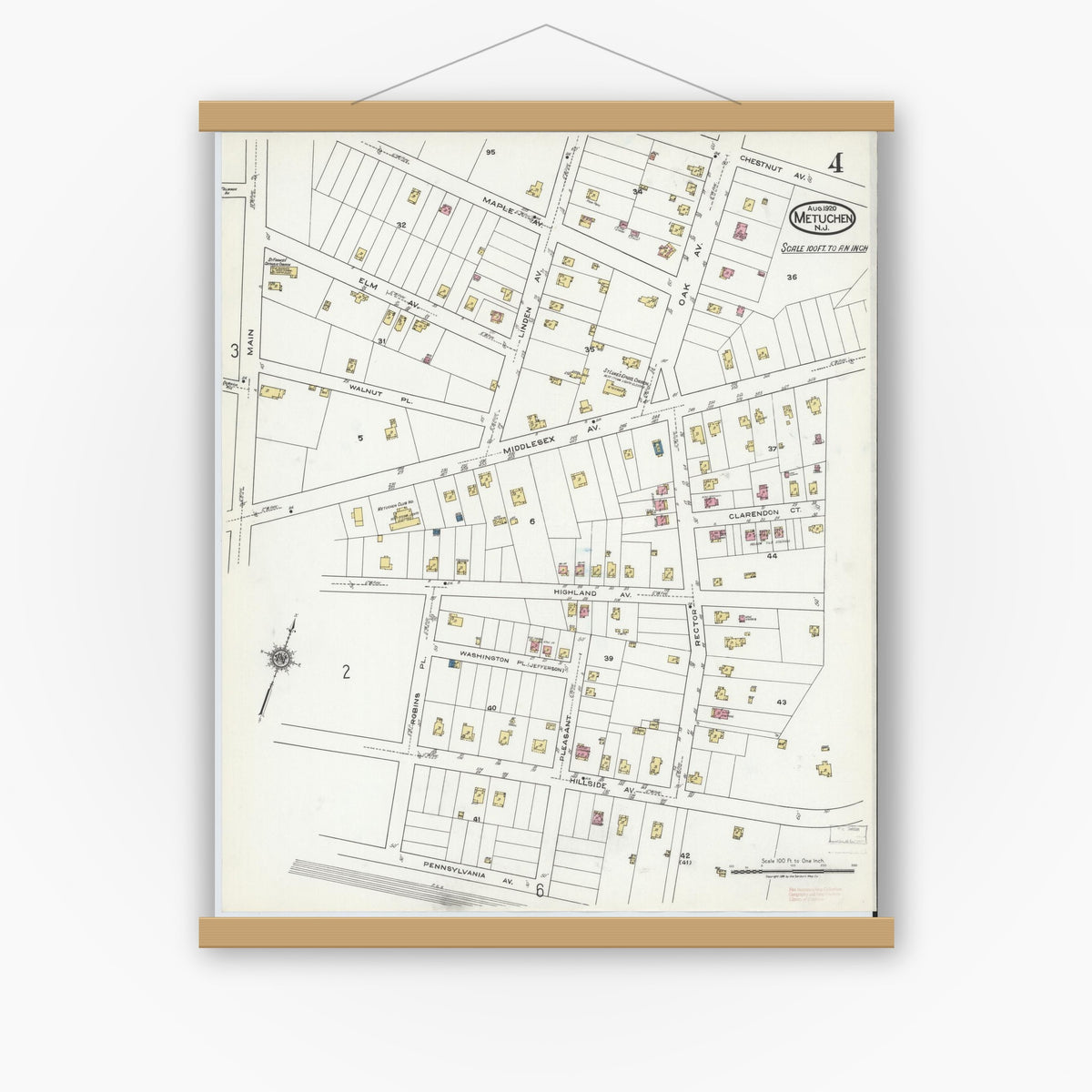 Old map wall art mockup — magnetic wood frame on white wall — Sanborn Fire Insurance Map from Metuchen, Middlesex County, New Jersey (1920), Sheet #0004