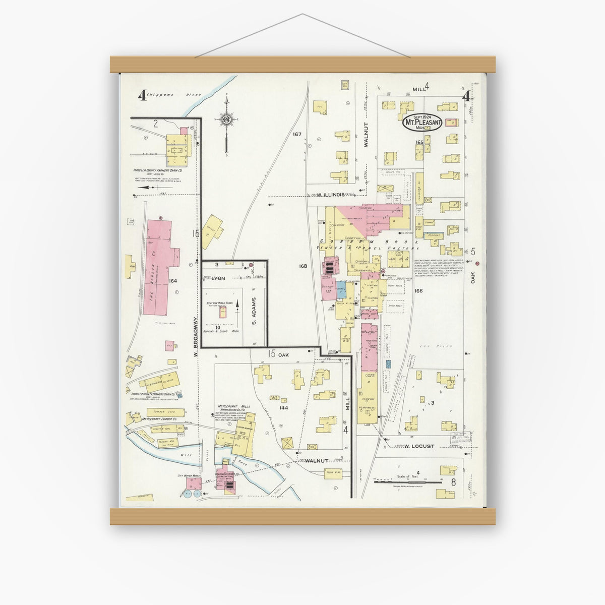 Old map wall art mockup — magnetic wood frame on white wall — Sanborn Fire Insurance Map from Mount Pleasant, Isabella County, Michigan (1924), Sheet #0004