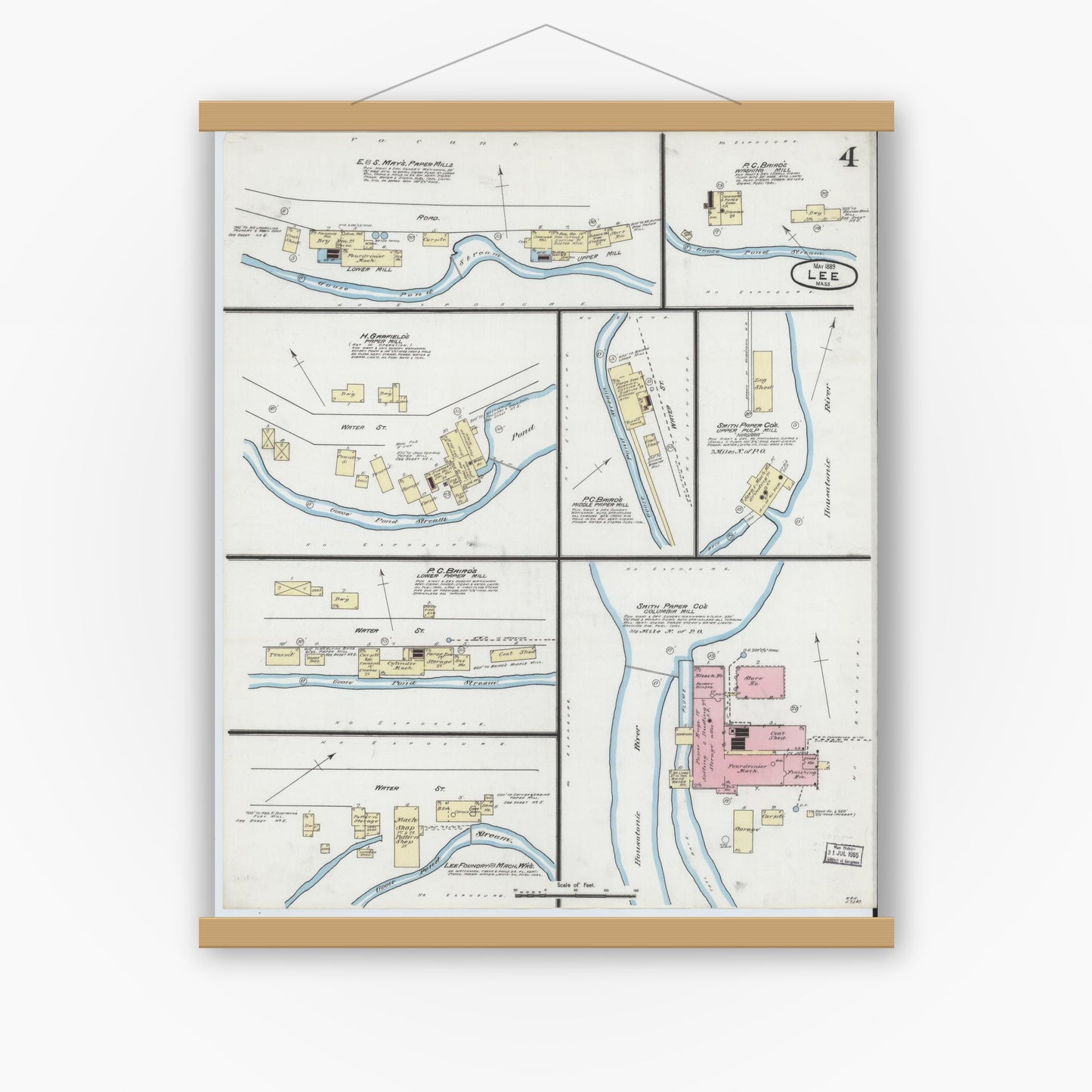 Old map wall art mockup — magnetic wood frame on white wall — Sanborn Fire Insurance Map from Lee, Berkshire County, Massachusetts (1889), Sheet #0004
