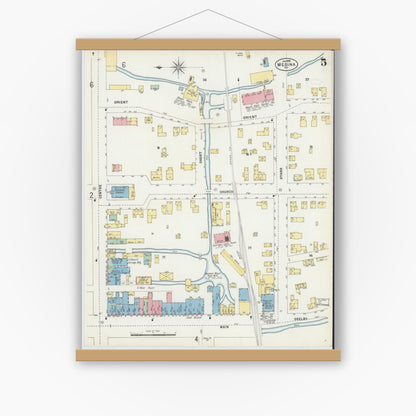 Old map wall art mockup — magnetic wood frame on white wall — Sanborn Fire Insurance Map from Medina, Orleans County, New York (1898), Sheet #0005