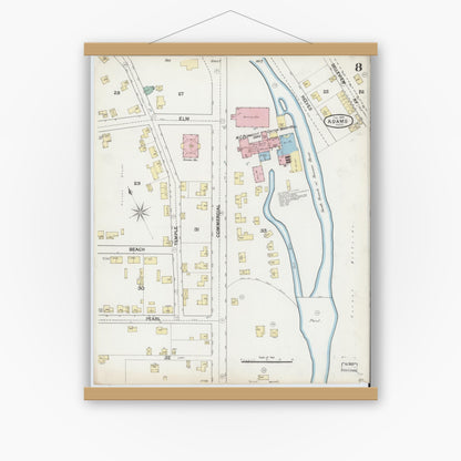 Old map wall art mockup — magnetic wood frame on white wall — Sanborn Fire Insurance Map from Adams, Berkshire County, Massachusetts (1889), Sheet #0008