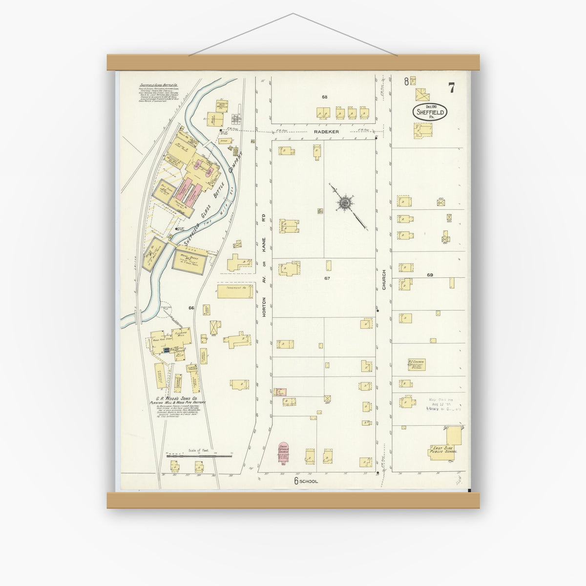 Old map wall art mockup — magnetic wood frame on white wall — Sanborn Fire Insurance Map from Sheffield, Warren County, Pennsylvania (1910), Sheet #0007