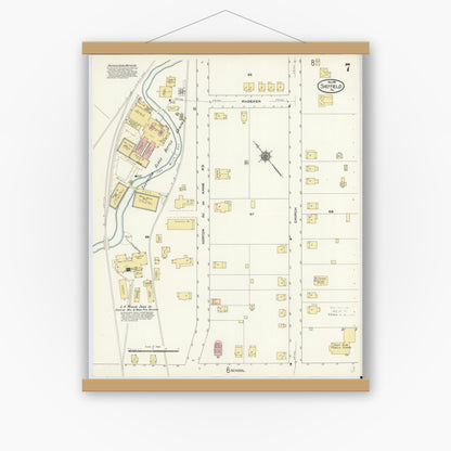 Old map wall art mockup — magnetic wood frame on white wall — Sanborn Fire Insurance Map from Sheffield, Warren County, Pennsylvania (1910), Sheet #0007